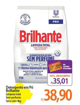 Atacadão Detergente em Pó Brilhante Limpeza total Sem perfume Saco com 4kg oferta