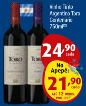 Inter Supermercados Vinho Tinto Argentino Toro Centenário 750ml oferta