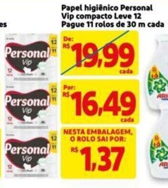 Extra Supermercado Papel higiênico Personal Vip compacto Leve 12 Pague 11 rolos de 30 m cada oferta