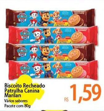 Atacadão Biscoito Recheado Patrulha Canina Marilan Pacote com 80g oferta