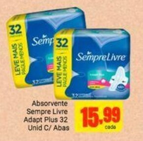 Absorvente Sempre Livre Adapt Plus 32 Unid c/ abas