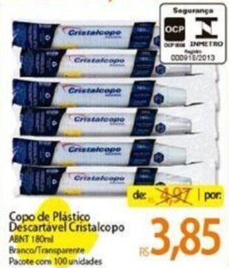 Atacadão Copo de Plástico Descartável Cristalcopo ABNT 180ml Branco/Transparente Pacote com 100 unidades oferta