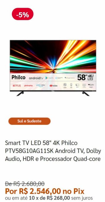 Pontofrio Smart TV LED 58" 4K Philco PTV58G10AG11SK Android TV, Dolby Audio, HDR e Processador Quad-core oferta