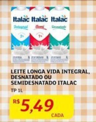 Assaí Atacadista LEITE LONGA VIDA INTEGRAL, DESNATADO OU SEMIDESNATADO ITALAC TP 1L oferta