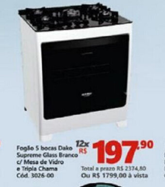 Lojas Becker Fogao 5 bocas Dako Supreme Glass Branco c/ Mesa de Vidro e Tripl Chama oferta