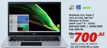 Lojas Becker Notebook Acer Aspire 5 15.6" Windows 10 Home Intel Core i5 oferta
