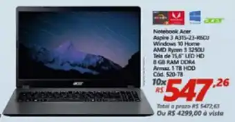 Notebook Acer Aspire 3 Windows 10 Home AMD Ryzen 3 15.6"
