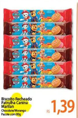 Atacadão Biscolto Recheado Patrulha Canina Marilan Chocolate/Morango Pacote com 80g oferta