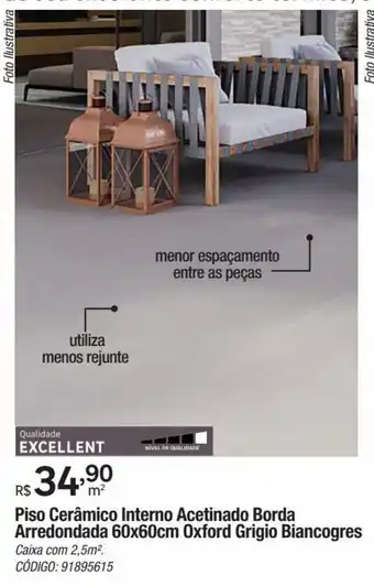 Leroy Merlin Piso Cerâmico Interno Acetinado Borda Arredondada 60x60cm Oxford Grigio Biancogres oferta