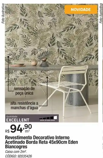Leroy Merlin Revestimento Decorativo Interno Acetinado Borda Reta 45x90cm Eden Biancogres Caixa com 2m². CÓDIGO: 92035426 oferta