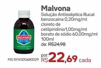 Malvona solução antisséptica bucal benzocaína 0,20mg/ml cloreto de cetilpiridinio1,00mg/ml borato de sódio 60,00mg/ml 100ml
