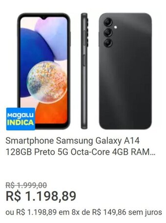 Smartphone Samsung Galaxy A14 128GB Preto 5G Octa-Core 4GB RAM...