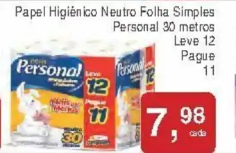 Papel Higiénico Neutro Folha Simples Personal 30m Leve12 pague11
