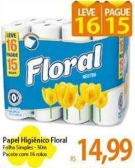 Papel Higiênico Floral Folha Simples-30m Pacote com 16 rolos