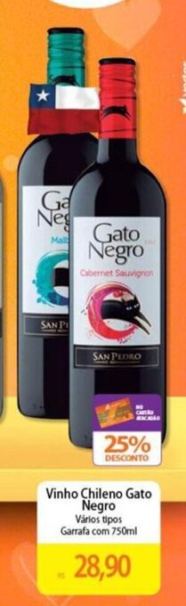 Atacadão Vinho Chileno Gato Negro Vários tipos Garrafa com 750ml oferta