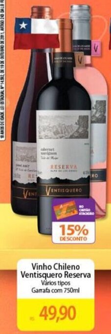Atacadão Vinho Chileno Ventisquero Reserva Vários tipos Garrafa com 750ml oferta