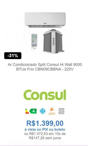 Ar Condicionado Split Consul Hi Wall 9000 BTUs Frio CBN09CBBNA - 220V