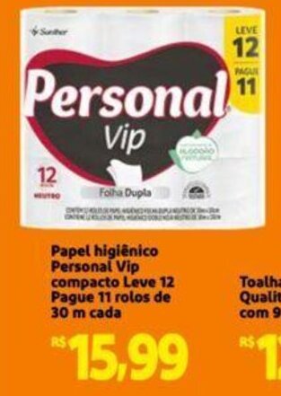 Extra Supermercado Papel higiênico Personal Vip compacto Leve 12 Pague 11 rolos de 30 m cada oferta