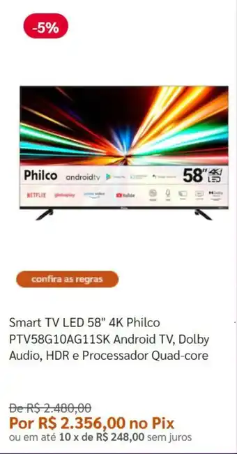 Pontofrio Smart TV LED 58" 4K Philco PTV58G10AG11SK Android TV, Dolby Audio, HDR e Processador Quad-core oferta