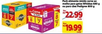 Pack alimento úmido carne ao molho para gatos Whiskas 680 g ou para cães Pedigree 800 g