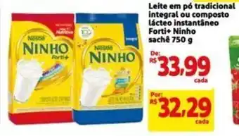 Extra Supermercado Leite em pó tradicional integral ou composto lácteo instantâneo Forti+ Ninho sachê 750 g oferta
