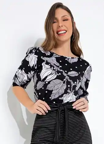 Moda pop - blusa floral preta com manga bufante
