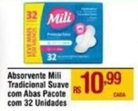 Max Atacadista Absorvente Mili Tradicional Suave com abas pacote com 32 unidades oferta