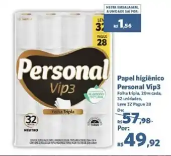 Sam's Club Papel higiênico Personal Vip3 Folha tripla, 20m cada, 32 unidades, Leve 32 Pague 28 oferta
