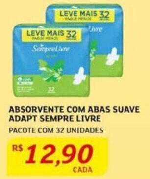Assaí Atacadista ABSORVENTE COM ABAS SUAVE ADAPT SEMPRE LIVRE PACOTE COM 32 UNIDADES oferta
