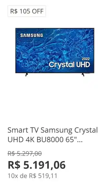 Smart TV Samsung Crystal UHD 4K BU8000 65"...