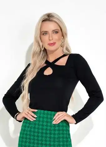 Quatro Estações Moda pop - blusa com decote cruzado e mangas longas preta oferta