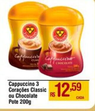 Max Atacadista Cappuccino 3 Corações Classic ou Chocolate Pote 200g oferta