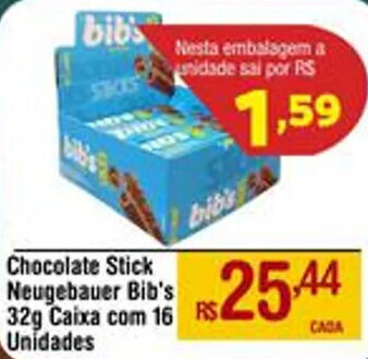 Max Atacadista Chocolate Stick Neugebauer Bib's 32g Caixa com 16 Unidades oferta