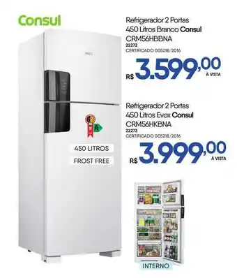 Refrigerador 2 Portas 450 Litros Branco Consul Crm56hbbna Refrigerador 2 Portas 450 Litros Evox Consul Crm56hkbna