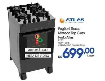 Zenir Fogão 4 Bocas Mônaco Top Glass Preto Atlas oferta