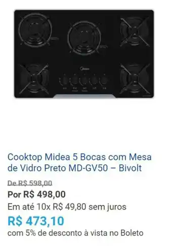 Cooktop Midea 5 Bocas com Mesa de Vidro Preto MD-GV50 - Bivolt