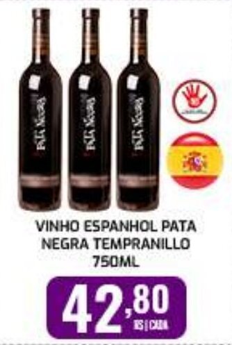 VINHO ESPANHOL PATA NEGRA TEMPRANILLO 750ML