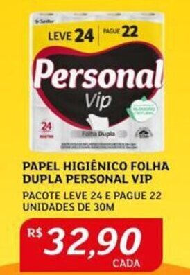 Assaí Atacadista PAPEL HIGIÊNICO FOLHA DUPLA PERSONAL VIP PACOTE LEVE 24 E PAGUE 22 UNIDADES DE 30M oferta