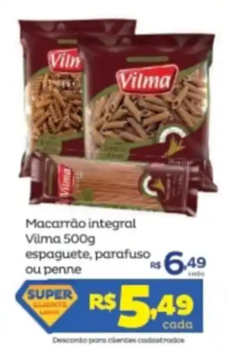 Super Lagoa Macarrao Integral Vilma 500g espaguete, parafuso ou penne oferta