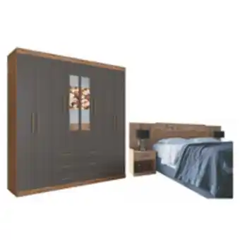 Novo Mundo Conjunto guarda roupa com espelho e cabeceira colorado atacama grafite oferta