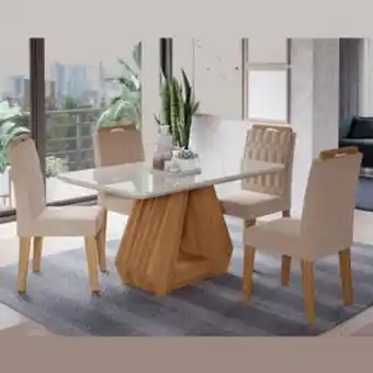 Leroy Merlin Kit conjunto sala de jantar mesa tampo mdf vidro 130 cm com 4 cadeiras marrom madeira off white oferta