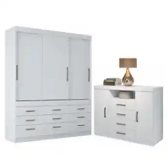 Novo Mundo Conjunto guarda roupa 3 portas e cômoda chef branco oferta