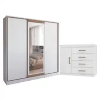 Novo Mundo Conjunto guarda roupa com espelho e cômoda amarillo branco oferta