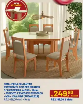 CONJ. MESA DE JANTAR EXTENSIVEL COM PÉS RIPADOS C/6 CADEIRAS ALTAS-18mm