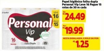 Extra Supermercado Papel higiênico folha dupla Personal Vip Leve 16 Pague 15 rolos de 30 m cada oferta