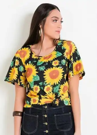 Quatro Estações Moda pop - blusa manga flare estampa de girassol oferta