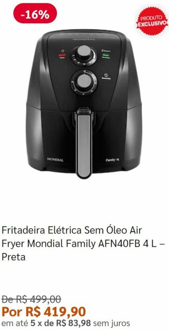 Pontofrio Fritadeira Elétrica Sem Óleo Air Fryer Mondial Family AFN40FB 4 L - Preta oferta