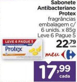 Carrefour Sabonete Antibacteriano Protex fragrâncias embalagem c/ 6 unids. x 85g Leve 6 Pague 5 oferta