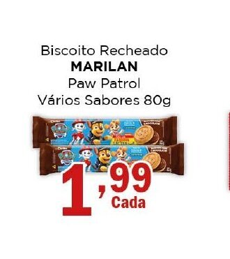 Supermercados Mundial Biscoito Recheado MARILAN Paw Patrol Vários Sabores 80g oferta
