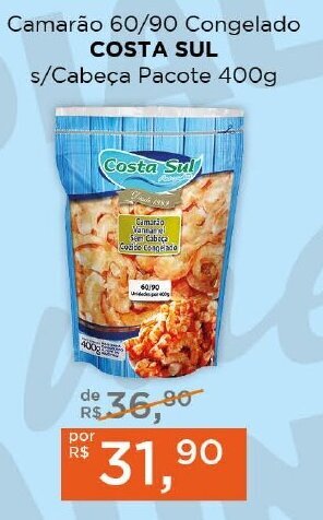 Supermercados Mundial Camarão 60/90 Congelado COSTA SUL s/Cabeça Pacote 400g oferta